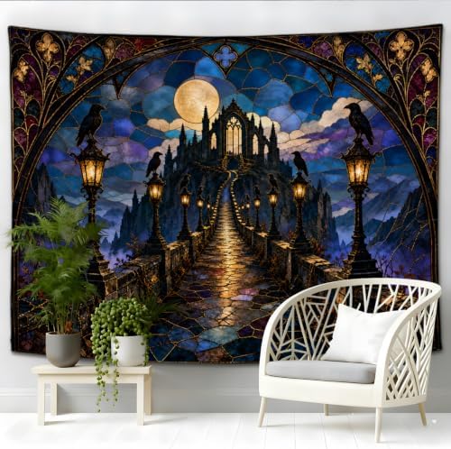 Gothic Castle Tapestry, Raven Full Moon Stained Glass Design 60x80inch - Image 2