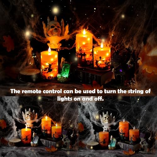 kakoya Flickering Flameless Candles with Remote,3 Pcs Real Wax LED Pillar Candles Battery Operate with Embedded Star String for Creation of Horror Atmosphere Halloween Decoration Gifts(Orange) - Image 2