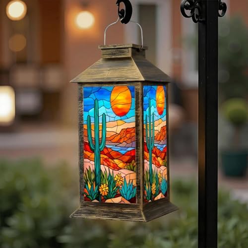 Solar Lantern Outdoor Waterproof Desert Landscape Stained Glass Cactus Sun Vibrant Southwestern Colors Garden Decor LED Hanging Solar Lights Tabletop Lamp Gifts for Women Mom Outside Yard Patio Porch by DERUINVAIO
