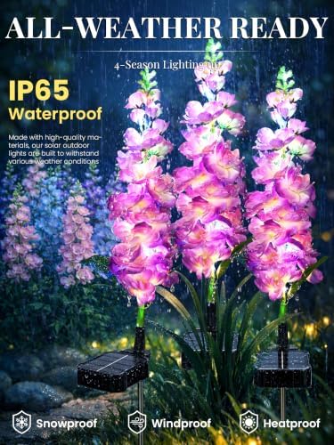 GIGALUMI 3 Pack Solar Delphinium Flowers Outdoor, 2 Modes, Purple - Image 3