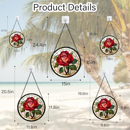 CHATYOUNG Stained Glass Window Hanging Red Rose Large 11.8" - Suncatcher Door Garden Sun Catcher Decor Birthday Valentine's Day Christmas for Men Woman Boy Kids Mom Nana Grandma - Image 6