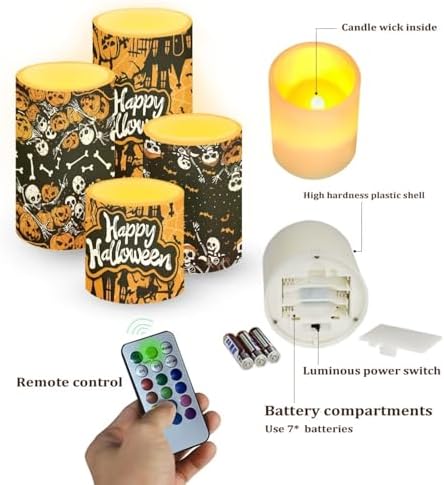 5.7" x 3" Battery Operated Flameless Candles with Timer Happy Halloween Skeleton LED Candles with Remote for Outdoor Indoor Decoration Electric 4Pcs Plastic Pillar Lights Bulk - Image 2