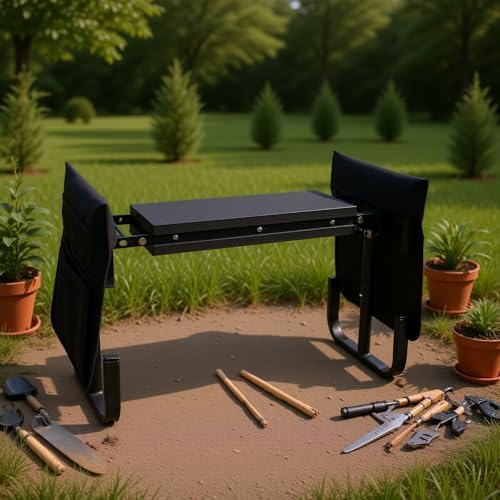 Foldable Garden Kneeler Seat with Tool Pouches, Height Adjustable Gardening Stool Bench for Kneeling & Sitting, Ideal for Garden, Women, Camping & Picnics (Black) - Image 2