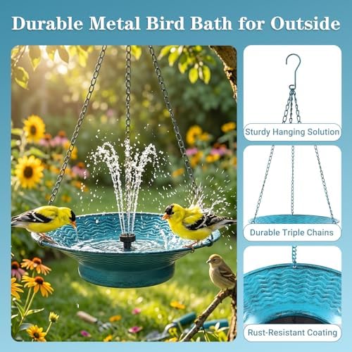 Hanging Bird Bath with Solar Fountain 29.5" H x 12.6" W Upgraded Metal Blue - Image 5