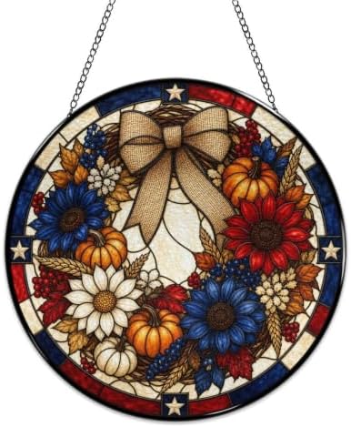 Fall Patriotic Wreath Stained Glass Suncatcher 11.8" Colorful Window Hanging Ornament, Sun Catcher Decor for Bathroom Front Door Living Room Home Wall Garden - Image 4