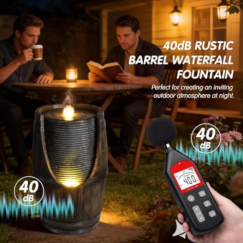 24.8'' Wooden Barrel Style Outdoor Water Fountain with LED Lights Resin Rustic Garden Waterfall Decor Farmhouse Garden Water Fountain for Patio Porch Yard - Image 6