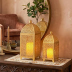 TRIROCKS Set of 2 Vintage Decorative Candle Lantern 12''&16.5'' High Metal Candle Holder Hanging Lantern with Hollow Pattern for Living Room Garden Parties Events Indoors Outdoors(Gold) - Image 3