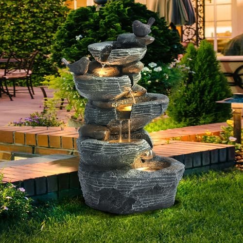 5 Tiers Cascading Rock Outdoor Water Fountain with Bird Decor - Image 4