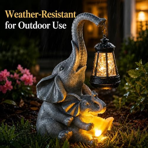 Candieslife Solar Elephant Garden Statue with Lantern, Outdoor Resin Elephant Figurine Lights for Yard Patio Porch Lawn, Weather-Resistant Garden Decor Sculpture, Gifts for Mom Women Grandma - Image 3