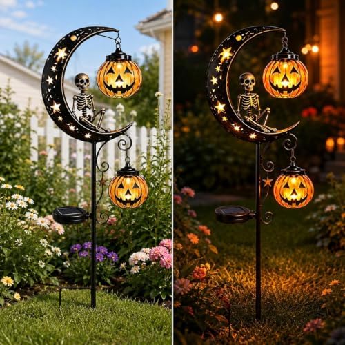 Solar Halloween White Ghost & Pumpkin Moon Garden Stake Light, Outdoor Waterproof Yard Decoration with Crescent Moon, Decorations with Pumpkins Lantern for Patio, Yard, Lawn, Pathway (Ghost) - Image 5