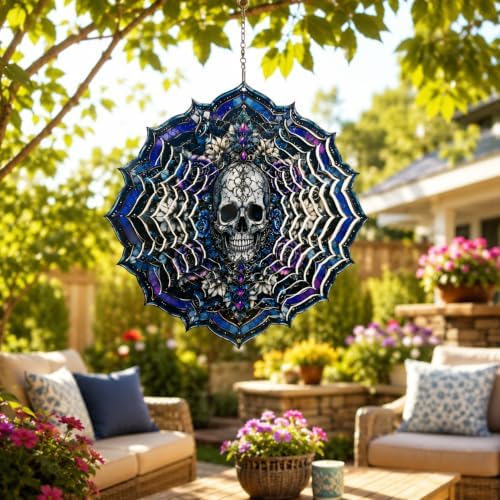 Shwing 12 Inch Wind Spinner Hanging Wind Sculptures Gothic Skull Metal Decor Double Sided Outdoor Kinetic Garden Art 3D Wind Spinner Hanging Ornament for Patio Porch Balcony Backyard Tree Decor - Image 6