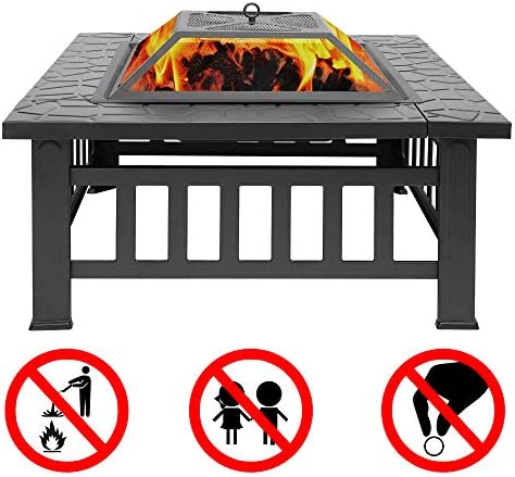 Outvita 32in Fire Pit Table, Outdoor Square Metal Firepit Table with Fire Bowl, Mesh Cover and Fire Poker for Patio Yard Garden Camping - Image 5