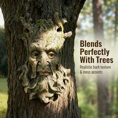 Tree Face Statue Outside Yard Outdoor Decoration, Fairy Tree Face Decor and Yard Decorations Clearance, Whimsical Wallmount Old Man Art with Moss, Fence Hanging Sculpture Orantments, 6.7" x x 9.8" - Image 3