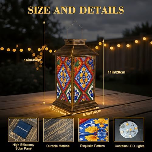 Solar Lantern Outdoor Waterproof Mexican Talavera Ceramic Tile Seamless Ethnic Folk Ornament Italian Garden Decor LED Hanging Solar Lights Tabletop Lamp Gifts for Women Mom Outside Yard Patio Porch - Image 2