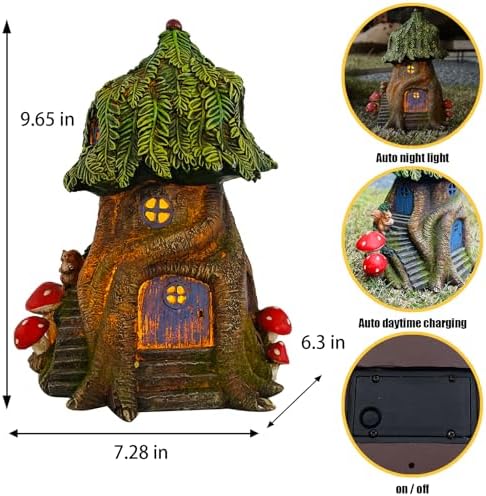COWOS Solar Light Fairy Tree House, Fairy Garden House Statues, Tree House Figurines with Solar Light for Indoor Outdoor Art Decorations, Patio Yard Lawn Ornaments Gift - Image 2