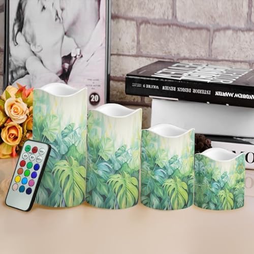 Palm Leaf Battery Operated Candles with Flickering Flame 4 Pack LED Pillar Candles with Remote Realistic Flameless Lights for Outdoor Patio Poolside or Garden Path Holiday Gifts - Image 4