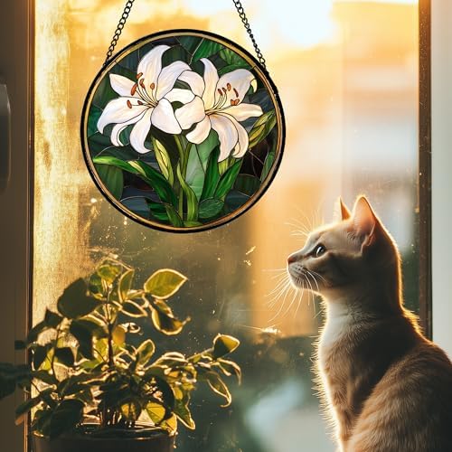 White Lily Flower Leaves Stained Glass Window Hanging Suncatcher Gifts 15" - Image 2