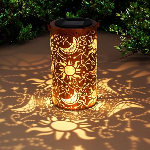 DIBIEECN Birthday Gifts for Women Mom Grandma Wife, Solar Lanterns Outdoor Waterproof, Metal Hanging Lights Garden Decor, LED Decorative Lantern for Patio Porch Backyard, Sun and Moon, 1 Pack - Image 2