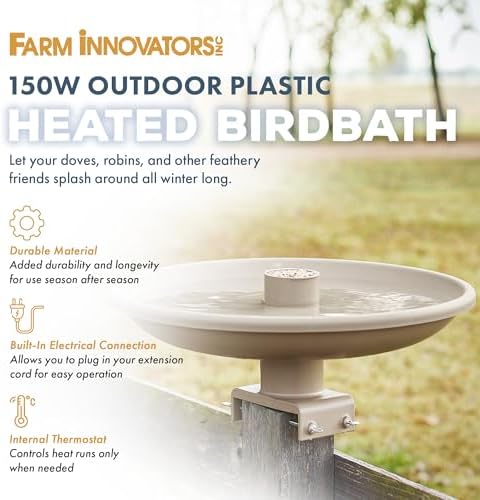 Farm Innovators 150 Watt Outdoor Plastic Heated Birdbath with Twist Deck Mount, Hidden Electrical Connection, and Internal Thermostat, Tan - Image 2