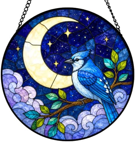 Blue Jay Moon Stained Glass Window Hanging with Metal Chain by Unknown