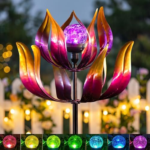 Solar Wind Spinners Outdoor for Yard and Garden, 61'' Lotus Kinetic Wind Sculptures with Color Changing LED Crackle Glass Globe, Metal Yard Art Decor for Patio Lawn, Garden Gifts for Women/Mother by Qualdout