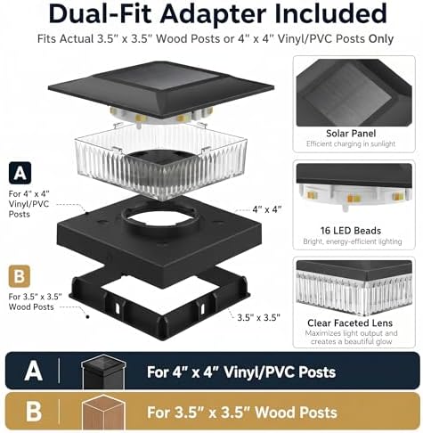 16 Pack Solar Post Cap Lights 4x4, Dual-Color Waterproof Fence Post Solar Lights, Fits 4x4 Vinyl or 3.5x3.5 Wood Posts, Dusk to Dawn Outdoor Lighting for Deck, Garden & Porch Decor, Black - Image 3