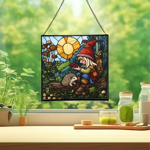 Gnome with pet Stained Glass Suncatcher – Square Hanging Window Panel for Home, Garden, Nursery, Halloween, Christmas, Memorial Day – Whimsical Glass Art Gift for Gnome Lovers unif14 - Image 2