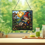 Gnome with pet Stained Glass Suncatcher – Square Hanging Window Panel for Home, Garden, Nursery, Halloween, Christmas, Memorial Day – Whimsical Glass Art Gift for Gnome Lovers unif14 - Image 2
