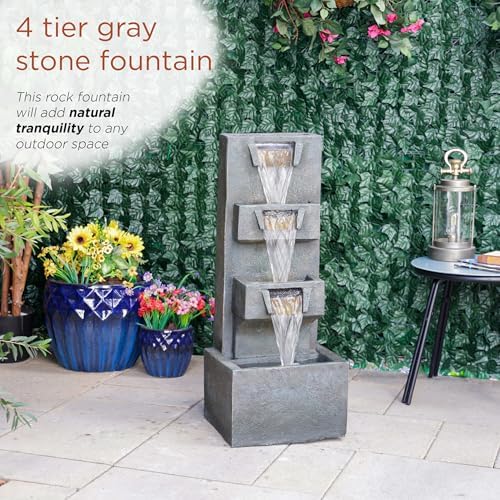 Alpine Corporation TZL406 33" 3 Tier Basin Cascading Fountain with LED Lights, Outdoor Water Feature for Garden, Patio, Backyard & Home Decor, Elegant Waterfall Design, Gray - Image 4