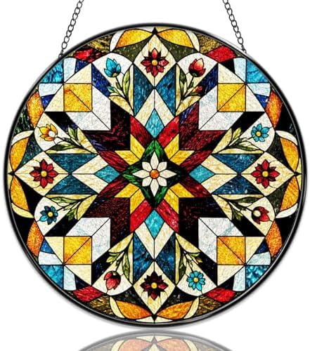 Stained Glass Window Hanging Geometric Floral Mandala Sun Catchers Colorful Round Flower Pattern Suncatchers Decorative for Home Garden Outdoor & Indoor Colorful Gift 9.8 Inch by Unknown