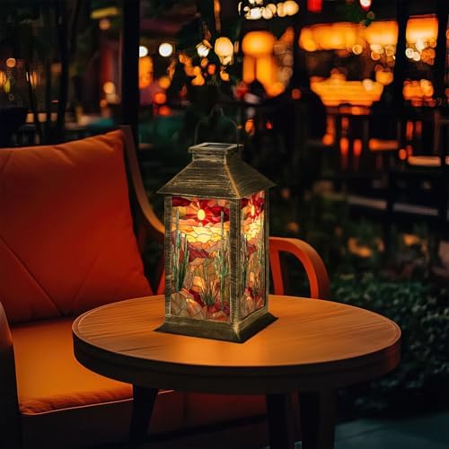 Solar Lantern Illuminated Stained Glass Decor Outdoor Waterproof Garden Hanging Lantern Solar Powered Lighting Outside Table Lamp for Patio Deck Camping 1 Pack - Image 7