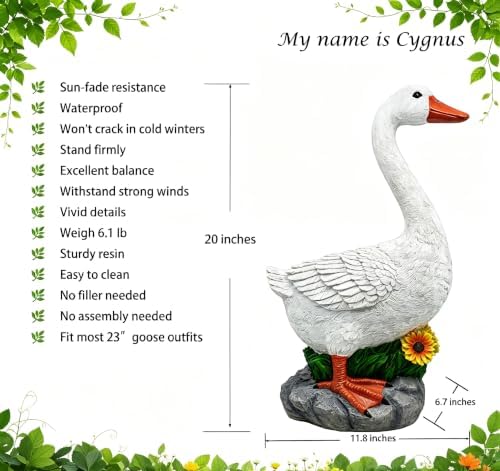 Joyful Porch Goose Statue Cygnus, Classic, Detailed, Big Resin Garden Lawn Yard Décor, Sculpture, 20 inches High Figurine, Duck, Indoor and Outdoor, by GGTown TM - Image 2