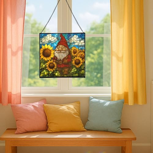 Sunflower Field Gnome Stained Glass Suncatcher – Square Hanging Window Panel for Home or Greenhouse – Whimsical Glass Art Gift for Garden Lovers, Christmas, Halloween, Father Days MDadjk - Image 5