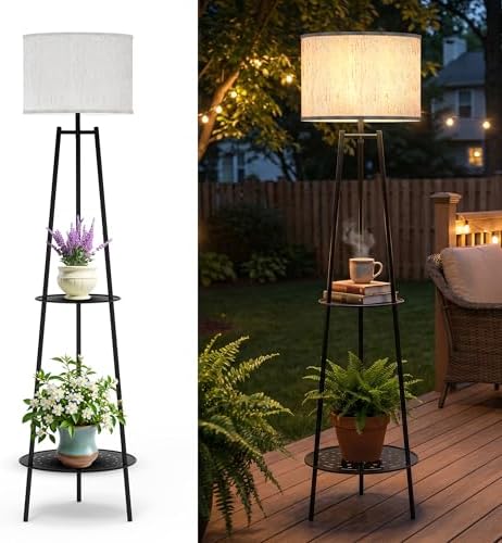 Solar Outdoor Floor Lamp with Plant Shelves, Waterproof Solar Standing Lamp for Patio Porch Garden Yard, Auto On/Off Warm LED Floor Light with 2-Tier Plant Stand, Cordless Outdoor Decor Lighting by MXwcy