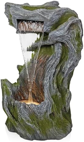 Alpine Corporation WIN1628 32" Outdoor Tree Bark Water Fountain with Color-Changing LED Lights, Cascading Waterfall Garden Fountain for Backyard, Patio & Outdoor Décor, Gray - Image 3