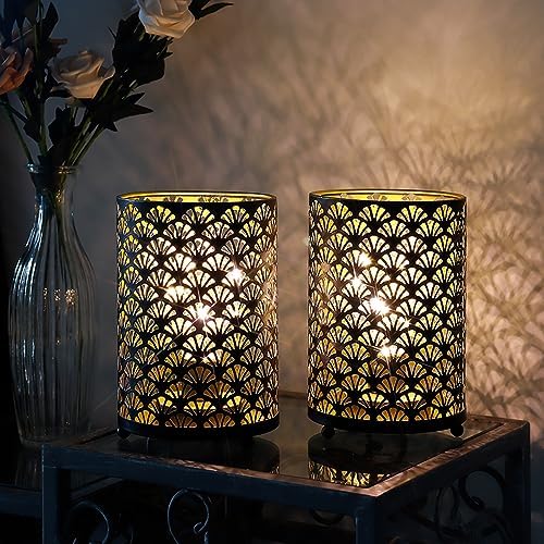 TRIROCKS Set of 12 Table Lamp 6.5'' Tall Metal Cordless Table Lamp Bronze Lanterns with Warm Fairy Lights Bulb for Patio Garden Wedding Parties Indoor Outdoor(Scalloped Hollow Pattern) - Image 6