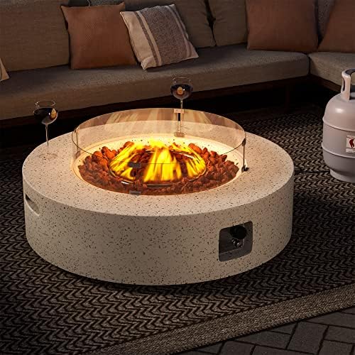 SUNBURY Outdoor 42 Inch Propane Fire Pit Table, Patio Gas Fire Table 50,000 BTU Fire Pit for Outside in Spotted White w Glass Wind Guard, Lava Rocks - Image 3