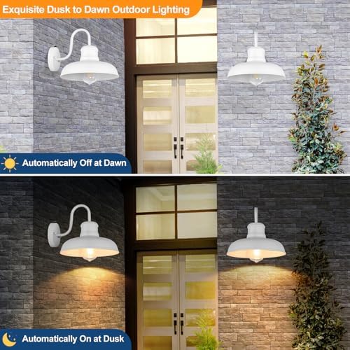 TOBUSA 2-Pack Dusk to Dawn Outdoor Wall Lights, Waterproof Farmhouse Gooseneck Barn Lights, 11.5'' White Outside Wall Sconces for House, Porch, Garage - Image 2