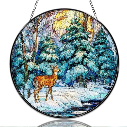 9.84 Inch Stained Glass Window Hanging Deer in Winter Forest Sun Catchers Nature Landscape Animal Glass Art Suncatchers for Home Porch Garden Indoor & Outdoor Decor by Unknown