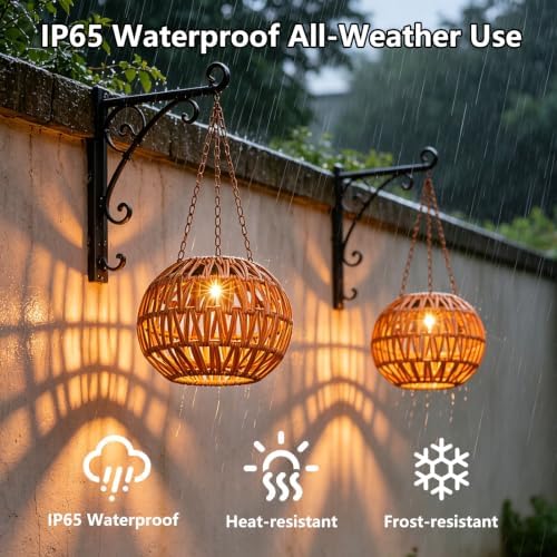 Solar Hanging Lanterns Outdoor Waterproof, 2 Pack Hanging Solar Lights for Outside with 7.25in Boho Lantern, Outdoor Rattan Chandelier Lights for Porch Decor Tree Garden Gazebo Patio Backyard Gifts - Image 4