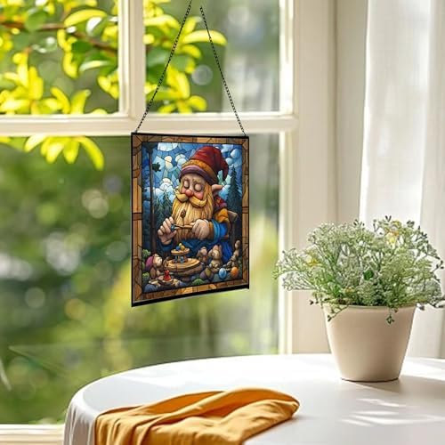 Gnome with Wooden Toys Stained Glass Suncatcher – Square Hanging Window Panel for Home, Garden, Nursery, Halloween, Christmas, Memorial Day – Whimsical Glass Art Gift for Gnome Lovers wkbozm - Image 3