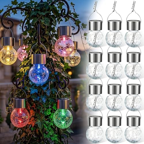 Outdoor Hanging Solar Lights, 12 Pack Multi-Color Changing Cracked Glass Hanging Ball Lights with Handle, Waterproof Solar Bulb Outdoor Garden for Balcony Tree Patio Yard Path Party Decoration by Unknown