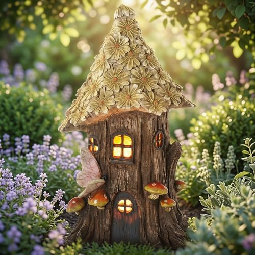 Topadorn Solar Fairy House Garden Statue, 12" Resin Cottage with LED Light by Topadorn