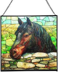 Black Morgan Horse Watching Over Stone Wall Square Suncatcher – Stained Glass Style Window Panel with Pastoral Scene, Custom Decorative Hanging Art for Equestrian Home, Christmas 29WWnX by Custom