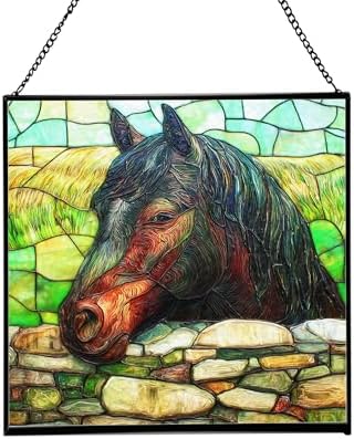 Black Morgan Horse Watching Over Stone Wall Square Suncatcher – Stained Glass Style Window Panel with Pastoral Scene, Custom Decorative Hanging Art for Equestrian Home, Christmas 29WWnX by Custom