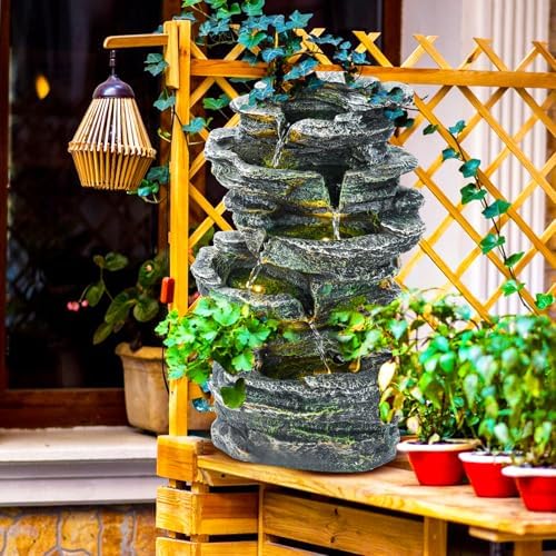 6-Tier Cascading Rock Water Fountain, with LED Warm Light, Outside Patio Water Features Fountain, Garden Waterfall Decor for Patio, Backyard, Porch and Home Art Decor (Cascading Rock Water Fountain) - Image 3