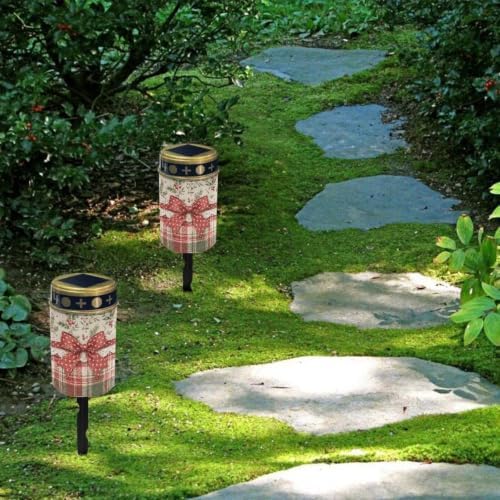 Poceacles Christmas Solar Lights Outdoor Grave Candle for Cemetery Decoration Solar Outdoor Lights for Garden Lawn Backyard Pathway Decor, Christmas Bow Plaid Holly, 2 Pack - Image 4
