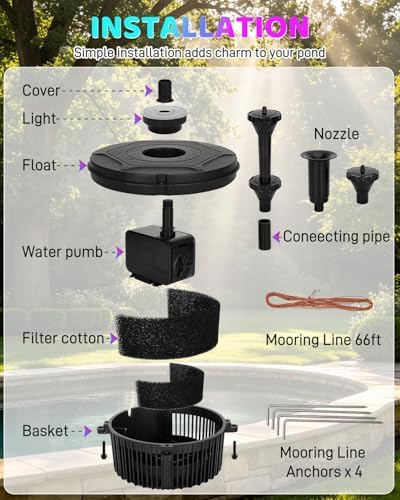 Pond Fountain Aerator with RGB Lights, Floating Pond Fountain Pump with 33FT Power Cord and 3 Nozzles, 792 GPH 45W High-Performance Pump Build in, Suitable for Outdoor Ponds, Garden, Fish Tanks - Image 5