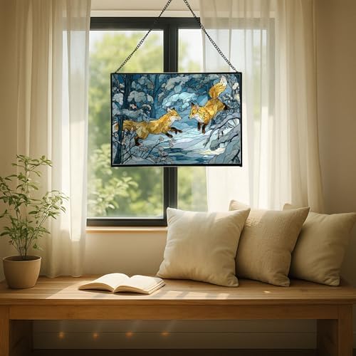 Foxes Playing in Snowy Clearing Rectangular Stained Glass Suncatcher – Hanging Window Panel with Animal & Nature Scene – Vibrant Glass Art Gift for Wildlife, Fantasy, Nature Lovers W0Z774 - Image 7