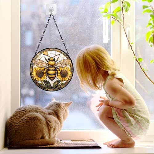 Bee and Sunflower Stained Glass Window Hanging Suncatcher Gifts Decor 12" - Image 3